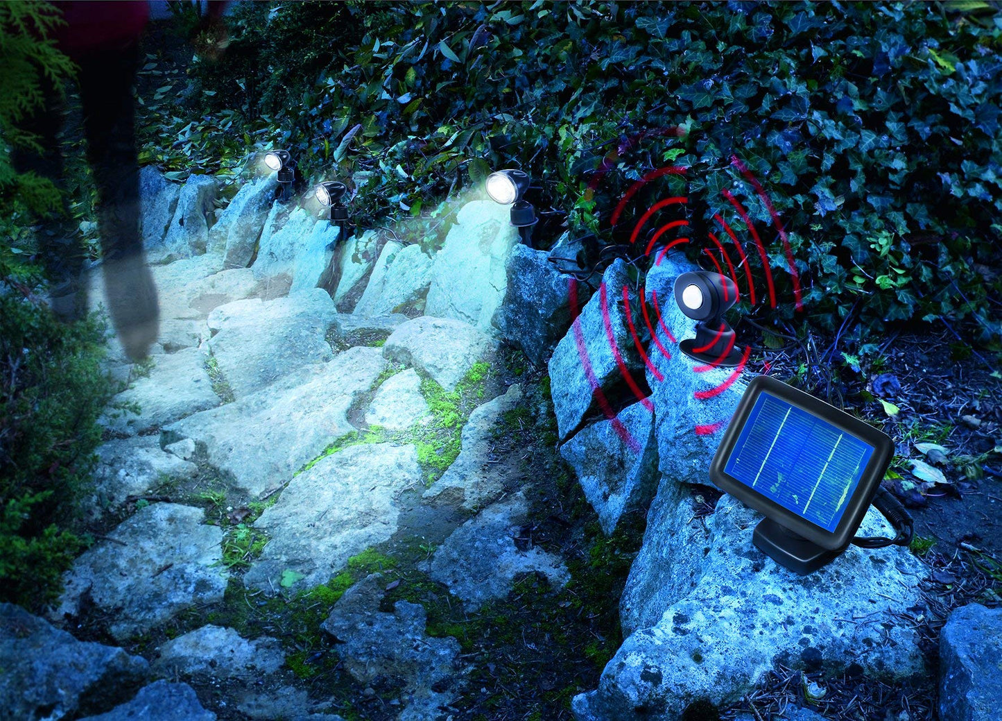 Esotec LED Solarspot Trio PIR, 3-pack, motion sensor, ground light, LED spot, solar spotlight, pond lighting, solar plug, 6000K, cool white, ground spike, battery, outdoor, IP44, weatherproof, 102144