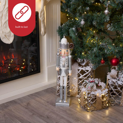 THE TWIDDLERS Large Wooden Christmas Nutcracker Figures (White & Silver), XL 50cm - Traditional Christmas Decoration