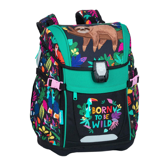 Goldkids school bag school bag set Born to be wild backpack pencil case shoe bag water bottle lunch box rain cover sloth design 6 pieces