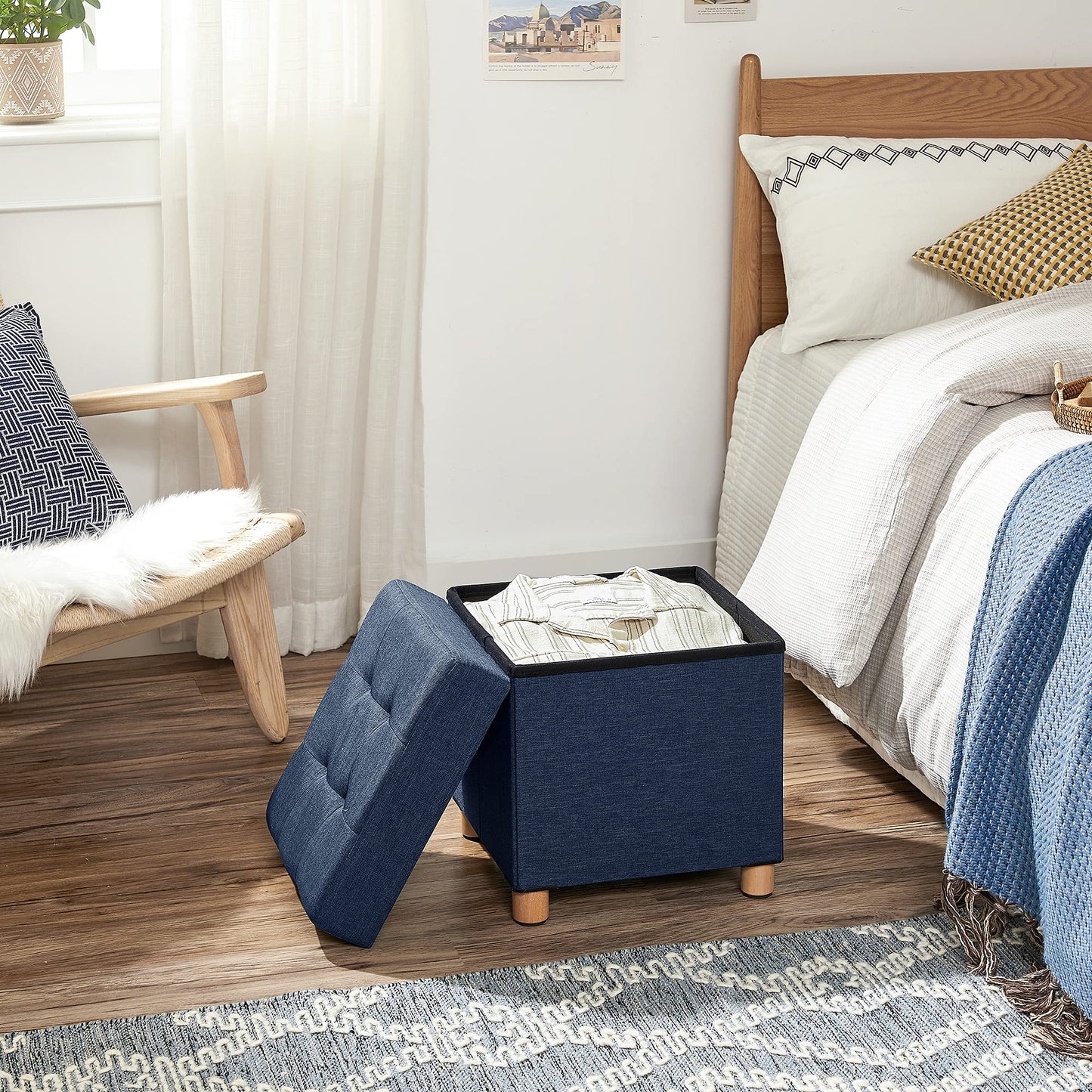 SONGMICS Storage Ottoman, Small Folding Bench, 38 x 38 cm Footrest, Storage Box, Holds up to 300 kg, for Living Room Bedroom Dorm, Midnight Blue LSF14IN