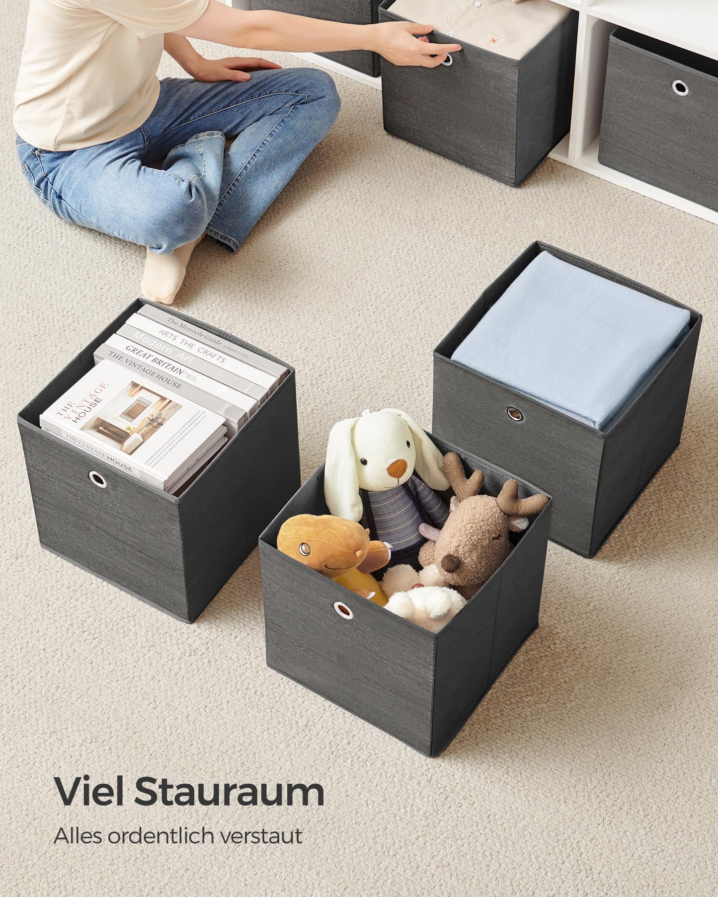 SONGMICS Storage Box, Set of 6, Organizing Boxes, Fabric, Foldable, 30 x 30 x 30 cm, Cloth Box, for Cube Shelf, Clothing Organizer, Mist Gray RFB102G01