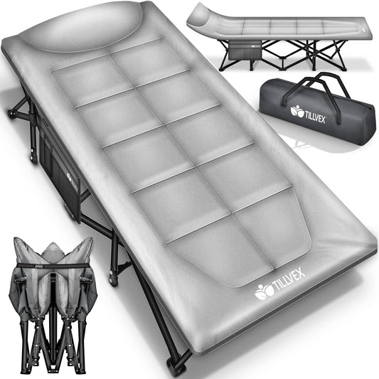 tillvex® Folding Camping Bed with Carry Bag, supports up to 200 kg. Extra wide sleeping cot for outdoor & indoor use. Perfect for camping, fishing, festivals, and travel. Foldable guest bed for the garden.