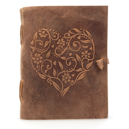 Moonster leather notebook with embossed heart design A5 size 240 pages of blank acid-free cotton paper. Handmade retro journal, sketchbook, hand-lettering book, photo album.