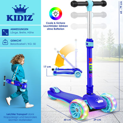 KIDIZ® Roller Kids Scooter X-Pro2 Trike Scooter with PU LED Light-Up Wheels Children's scooter foldable kick scooter adjustable height city scooter kids scooter for boys girls 3-12 years, Blue