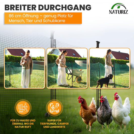 NATURIZ® Electric Fence Gate with One-Hand Opening - mobile gate for camping, garden & pasture - gate with quick set-up & take-down, no electricity.