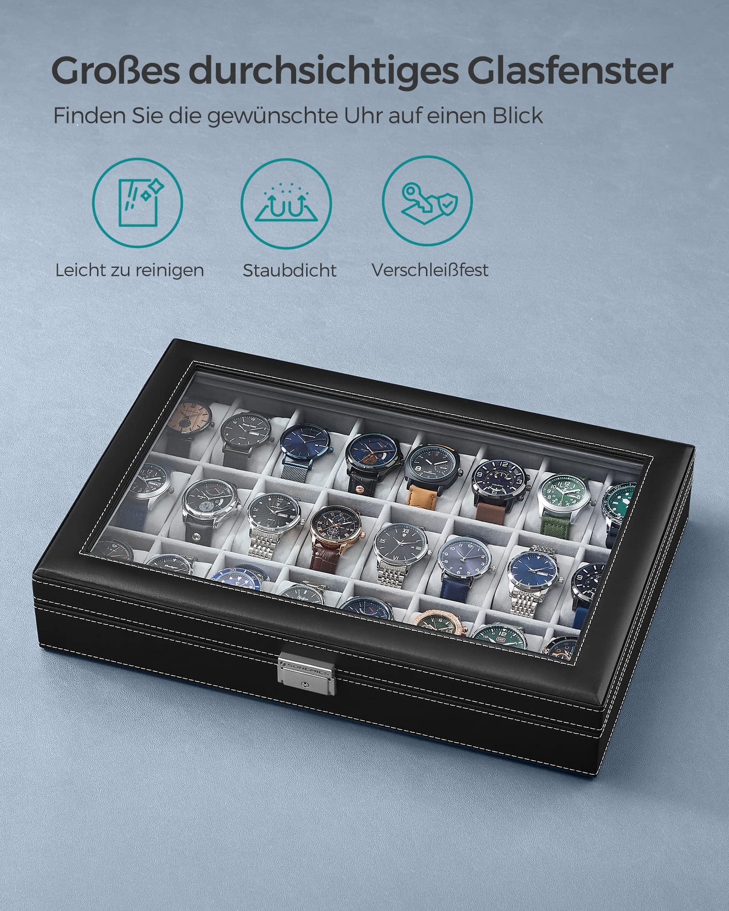 SONGMICS Watch Box, lockable watch case, storage organizer for watches, with 24 compartments, glass lid, gift for loved ones, black JWB024