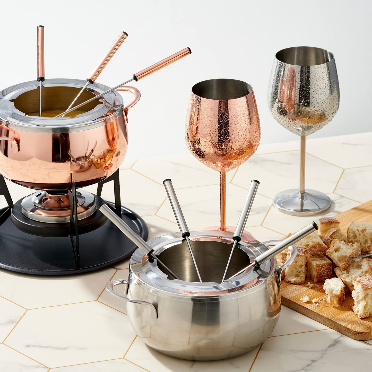 Oak & Steel - 10-piece Premium Stainless Steel Fondue Set for 6 people, Rose Gold/Copper - Chocolate, Cheese, Meat - Sturdy & Stylish - Gift Set for Valentine's Day/Birthday/Anniversary