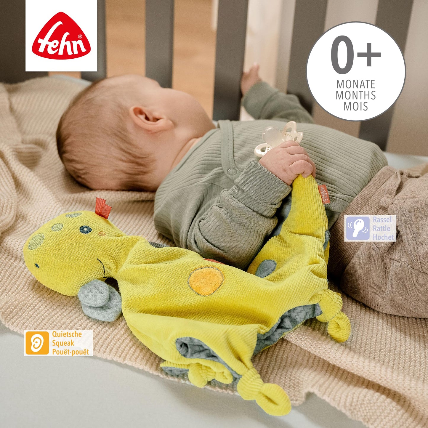 Fehn Cuddly blankie Baby Toy Dino - Snuggle cloth for newborns - Cuddly toy with rattle & squeaker - Sleep aid hand puppet - Cuddly blanket sleep animal for babies and toddlers from 0+ months