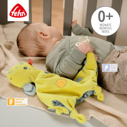 Fehn Cuddly blankie Baby Toy Dino - Snuggle cloth for newborns - Cuddly toy with rattle & squeaker - Sleep aid hand puppet - Cuddly blanket sleep animal for babies and toddlers from 0+ months