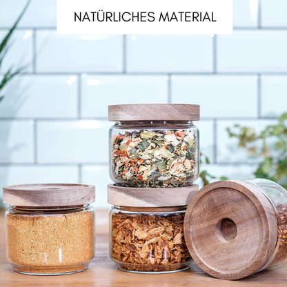 Econovo® storage jars with lid 300ml (4 pieces), glass containers with lid set, glass storage jars for storing muesli, pasta, coffee, storage jars with wooden lid.