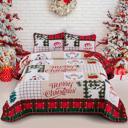 WONGS BEDDING Quilt 220x240 Bedspread Quilt Double Bed Quilted Microfiber 3 Pieces Christmas Quilt Bedspread Quilt with 2 Pillowcases 50x75, White & Red Checkered