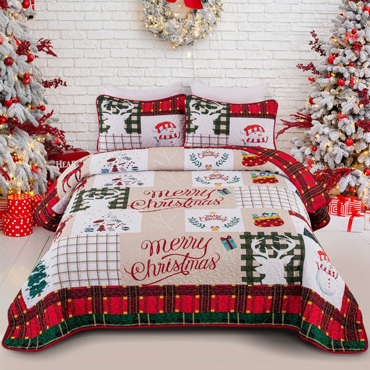 WONGS BEDDING Quilt 220x240 Bedspread Quilt Double Bed Quilted Microfiber 3 Pieces Christmas Quilt Bedspread Quilt with 2 Pillowcases 50x75, White & Red Checkered