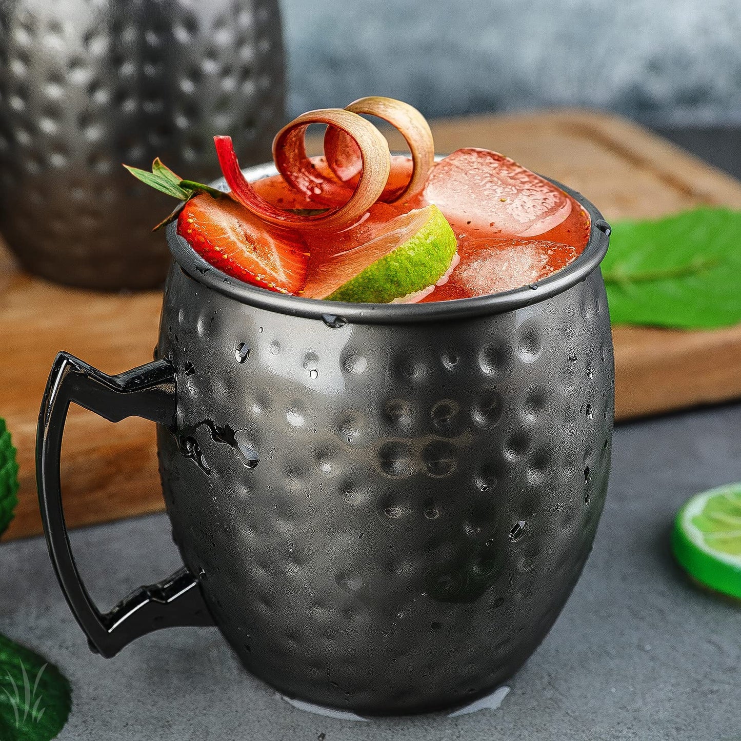 Set of 4 black Moscow Mule cups, 530ml, gunmetal black plated stainless steel, double jigger, chilled drinks, cocktail cups, drinkware with gift box.