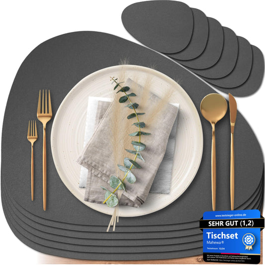Mahewa® 6-piece set Premium faux leather placemat - Washable and waterproof placemat coaster in leather look (Dark grey, Oval)