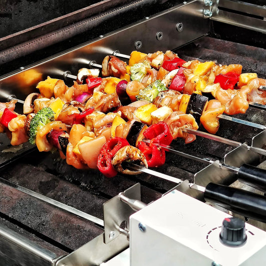 BBQ-Toro electric skewer rotisserie | Stainless steel rotisserie attachment with 11 skewers and motor | adjustable size (W) 70 x (D) 26-40 cm | with plug and USB | Mangal shashlik (front left motor)