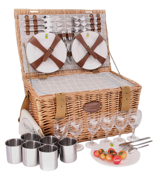 The Countess's Gardens - Picnic basket in wicker Concorde for 6 people, cooler, plates, wine glasses, aluminum timbales, fabric, 50 x 35 x 26 cm.
