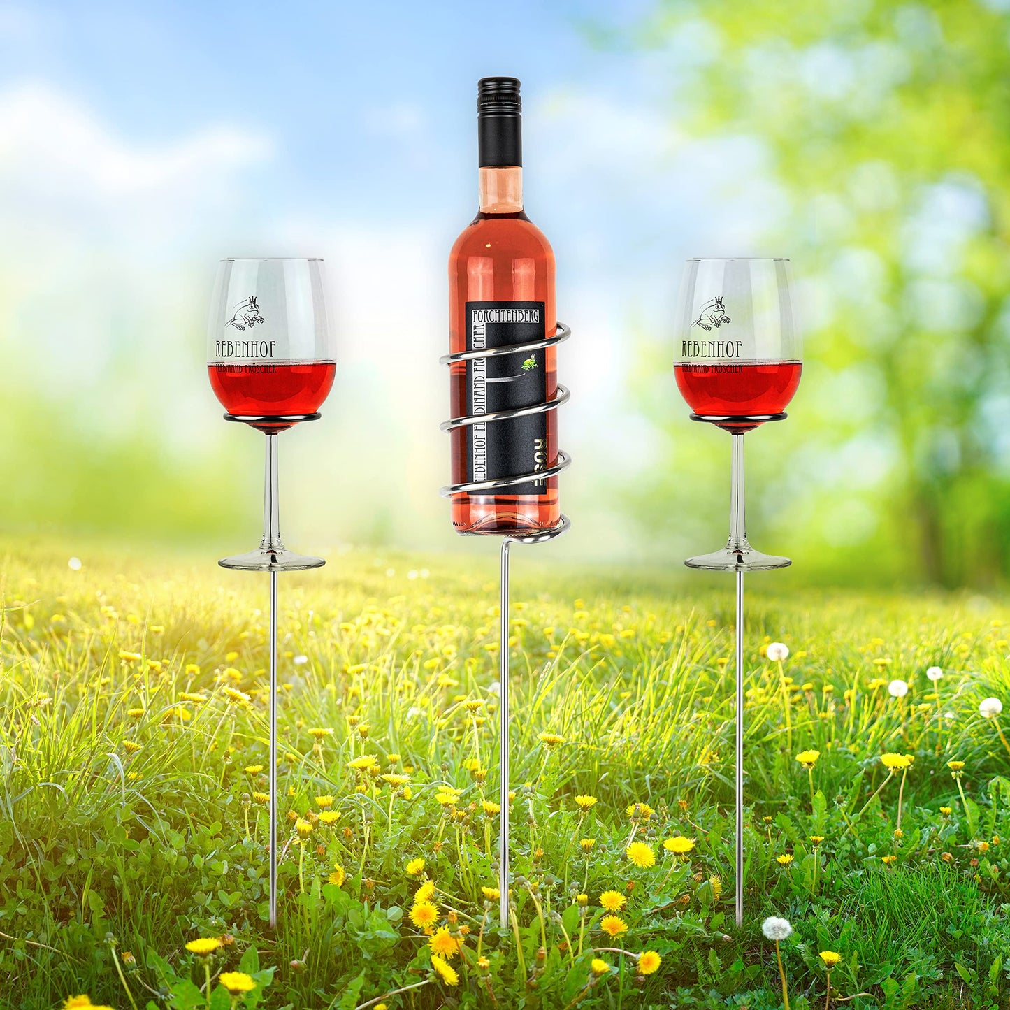 FROM STEINEICH® Original Wine Stand [Starter Set] Stainless Steel Bottle and Glass Holder | Wine enjoyment everywhere | The gadget for picnics at the beach, in the garden, and while camping (Starter Set)