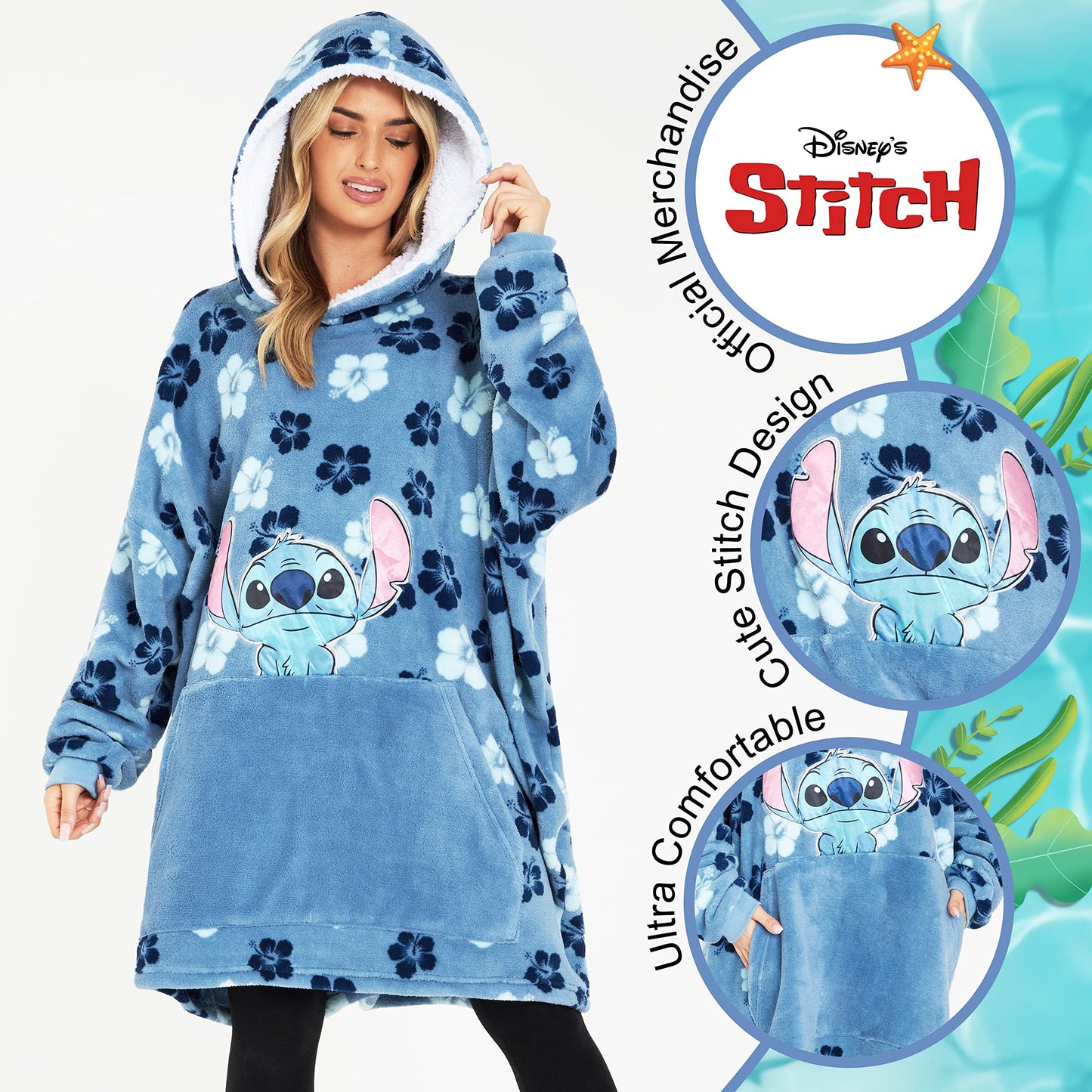 Disney Stitch Hoodie for Women Oversized Hoodie Blanket with Sleeves Sherpa Soft Warm and Cozy Gifts for Women Teenagers (Blue Flowers Stitch)