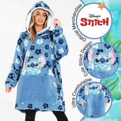 Disney Stitch Hoodie for Women Oversized Hoodie Blanket with Sleeves Sherpa Soft Warm and Cozy Gifts for Women Teenagers (Blue Flowers Stitch)