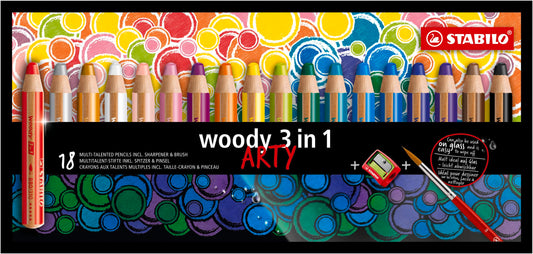 STABILO - Colored pencil, watercolor & wax crayon - woody 3 in 1 - ARTY - 18 pack with sharpener and brush - with 18 different colors