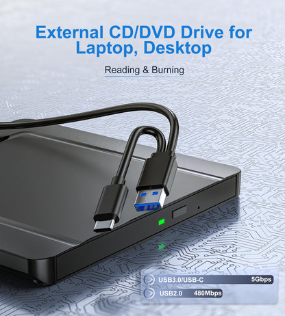 External CD DVD Drive, Ultra slim USB 3.0 & USB-C CD/DVD Drive, CD DVD +/-RW ROM Burner Optical External DVD Drive for Laptop, PC, Desktop, MacBook, Windows 11/10/8/7/XP/Linux/MacOS