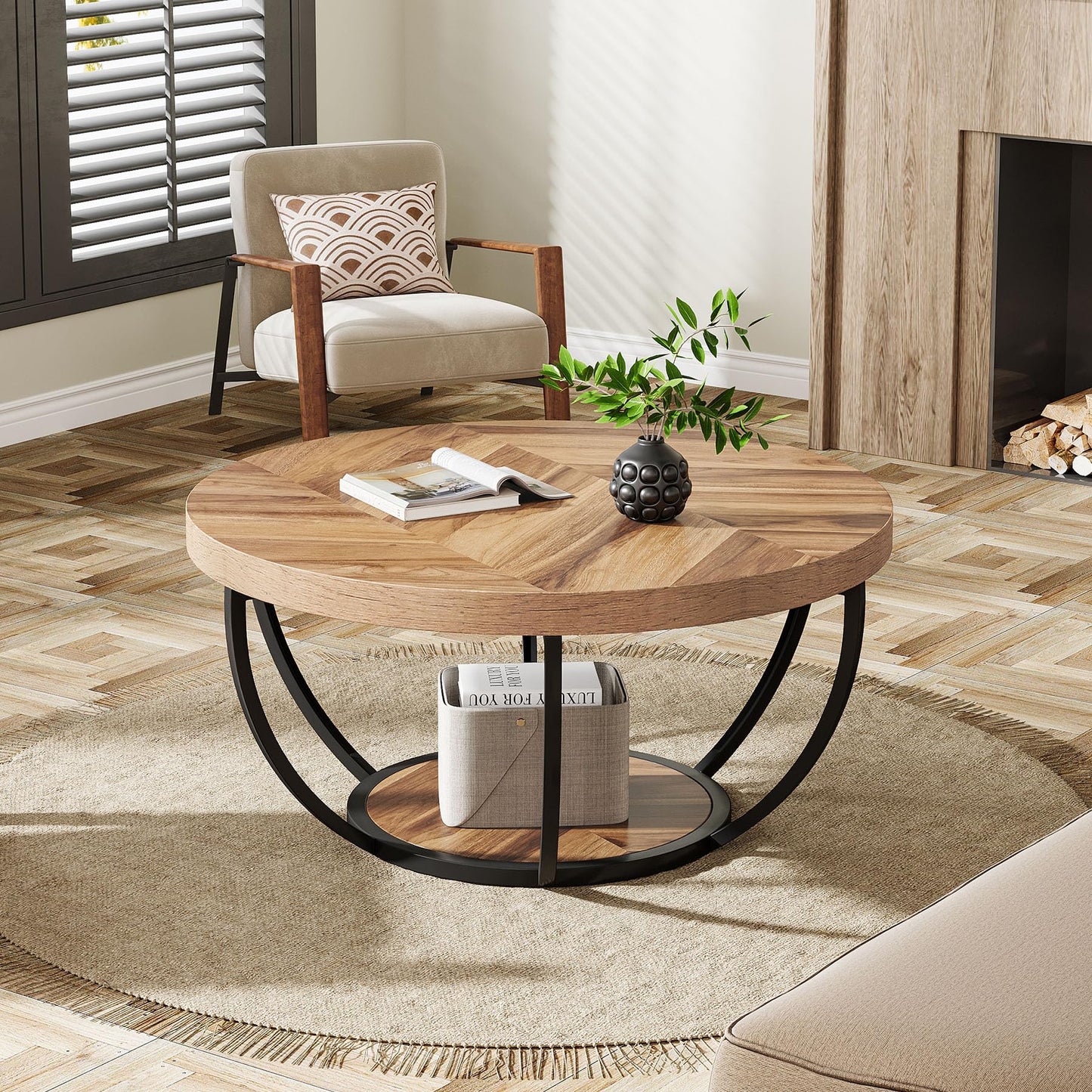 Tribesigns Round Coffee Table, Industrial 2-Tier Circle Coffee Table with Storage Shelves, Modern Wood Accent Center Table Sofa Side Table for Living Room, Home Office