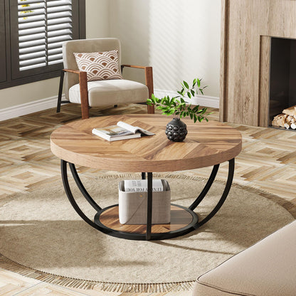 Tribesigns Round Coffee Table, Industrial 2-Tier Circle Coffee Table with Storage Shelves, Modern Wood Accent Center Table Sofa Side Table for Living Room, Home Office