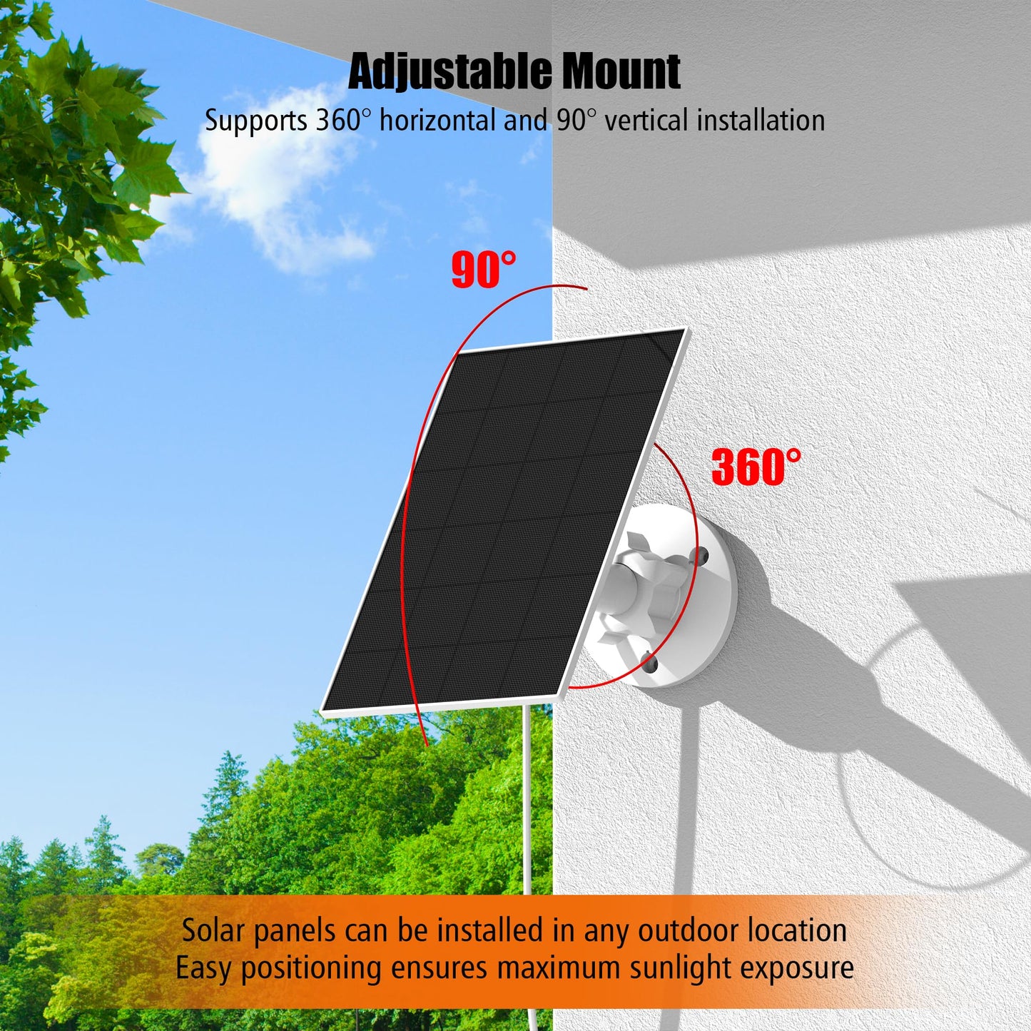 Solar panel for surveillance camera, monocrystalline solar modules for DC 5V battery camera outdoor, doorbell and outdoor lighting with USB and USB-C connection, IP65 3m cable, 360° bracket (2 pack)
