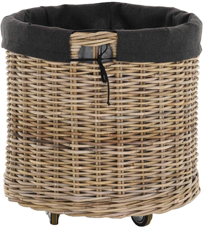 Large wheeled trolley with handles/wooden cart with wheels made of gray natural rattan/storage wood cart wheels fireplace wood basket fireplace utility basket with liner (round)