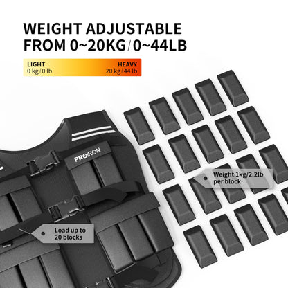PROIRON Adjustable Weight Vest 20kg with Reflective Stripes for Running/Strength Training/Workout/Jogging and Home Gym.