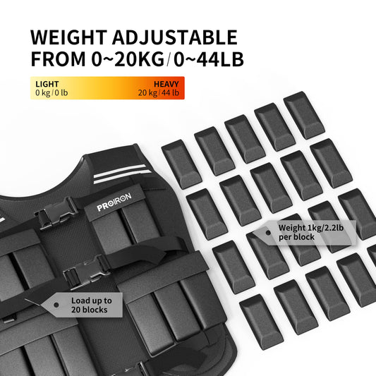 PROIRON Adjustable Weight Vest 20kg with Reflective Stripes for Running/Strength Training/Workout/Jogging and Home Gym.