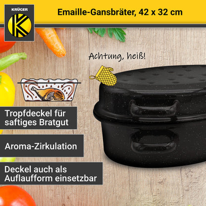 Krüger enameled roasting pan with drip lid - high-quality roaster - suitable for all types of stoves - excellent for roasts and poultry (enamel - black-white speckled (42 x 32 cm))