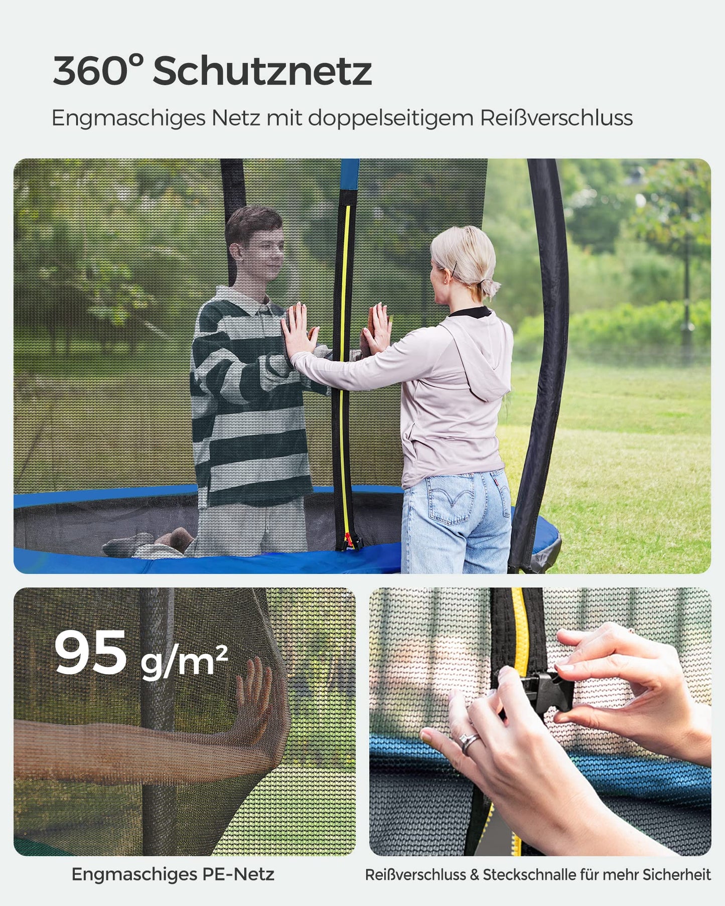 SONGMICS 244 cm dia. Trampoline, garden trampoline for kids with safety net, 180 cm tall curved poles, padding, ladder, steel frame, black-blue STR8BK.
