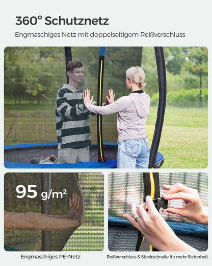 SONGMICS 244 cm dia. Trampoline, garden trampoline for kids with safety net, 180 cm tall curved poles, padding, ladder, steel frame, black-blue STR8BK.