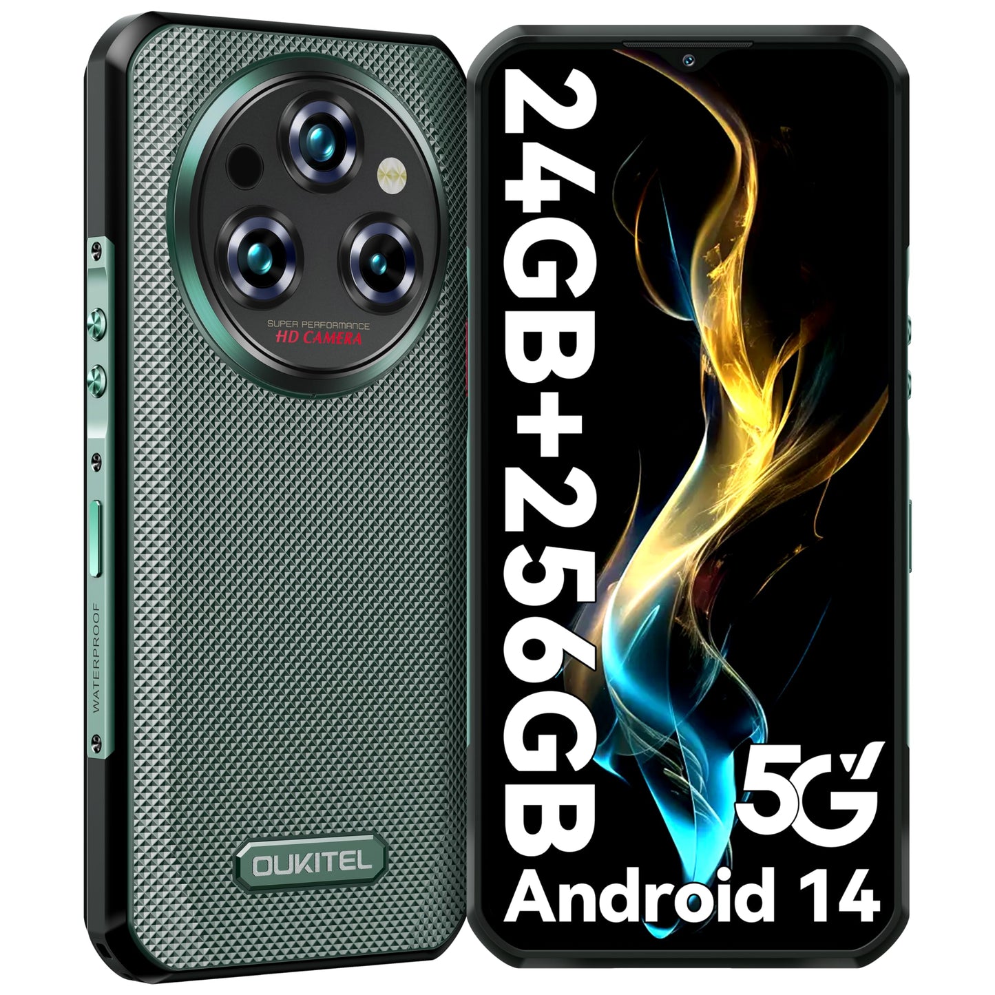 OUKITEL WP35 Outdoor Smartphone 5G - Android 14 rugged phone 11000mAh, 24GB RAM + 256GB ROM Waterproof construction phone 6.6 inch, 64MP+32MP+8MP night vision camera, NFC/GPS/Fingerprint/Face ID, Green