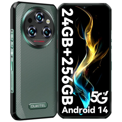 OUKITEL WP35 Outdoor Smartphone 5G - Android 14 rugged phone 11000mAh, 24GB RAM + 256GB ROM Waterproof construction phone 6.6 inch, 64MP+32MP+8MP night vision camera, NFC/GPS/Fingerprint/Face ID, Green
