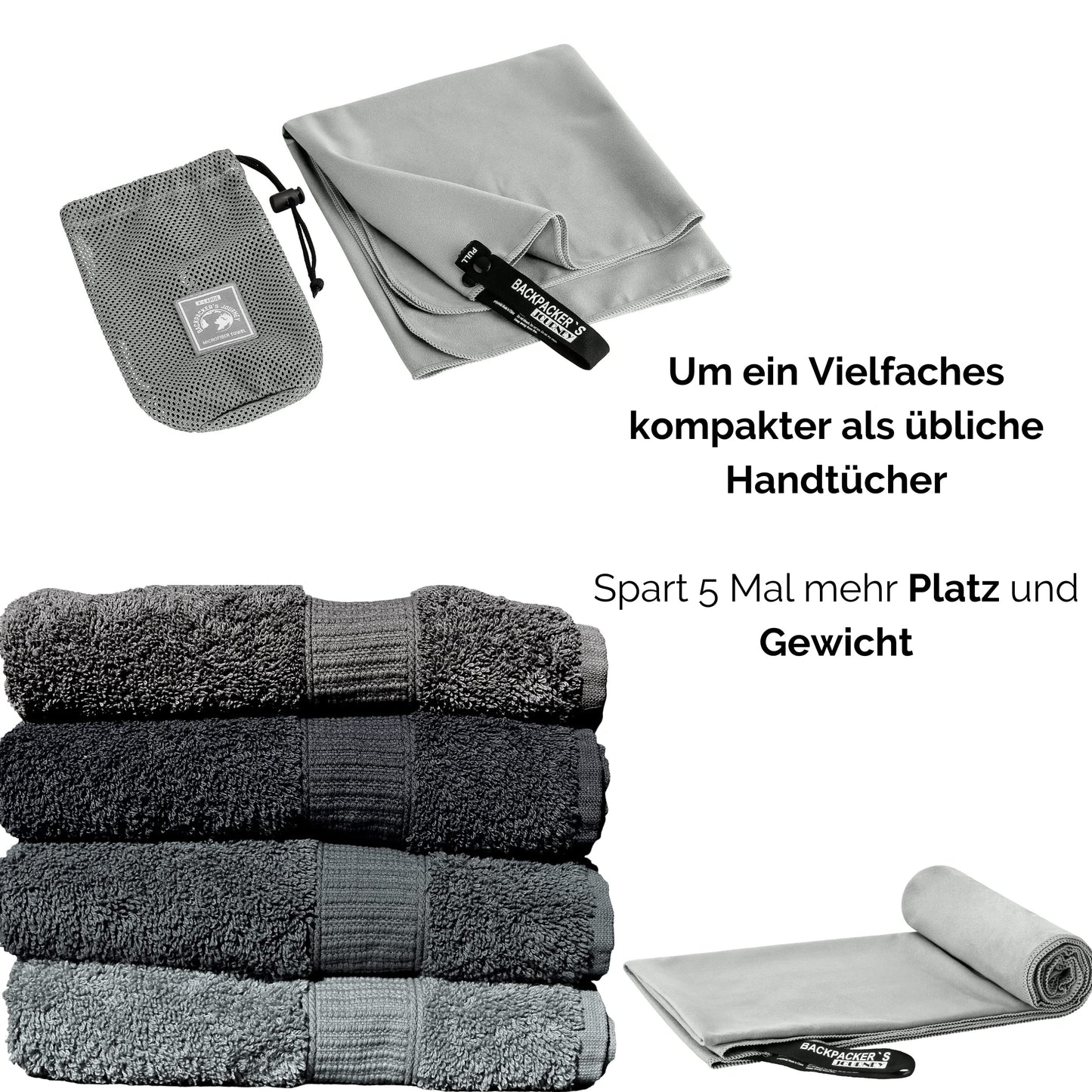 Backpacker's Journey microfiber towels in S M L XL. Travel towel sets are lightweight, quick-drying, absorbent, and antibacterial (gray XL&M)