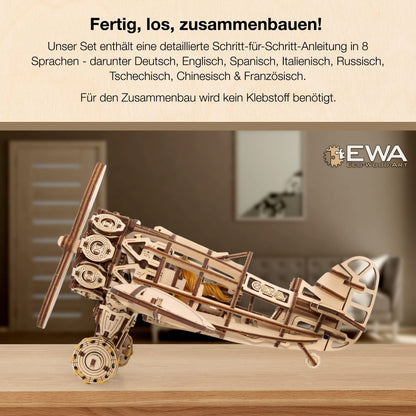 MagicWood - Mechanical 3D Puzzle Wooden Propeller Plane - DIY Wooden Puzzle Kit for Adults & Kids - Model kit to assemble without tools & glue - Wooden construction kit