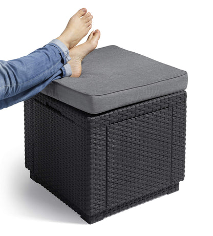 Allibert by Keter Cube Ottoman with Storage, grey, includes cushion, removable lid, flat rattan look, weatherproof, 42x42x39cm