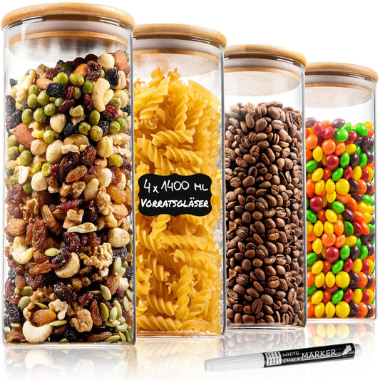 Deco house® storage jars with airtight lids 4 x 1400ml [+LABELS] - Glass storage containers with airtight lids - Storage jars - Glass storage containers square - Storage glass jar - Storage glass container