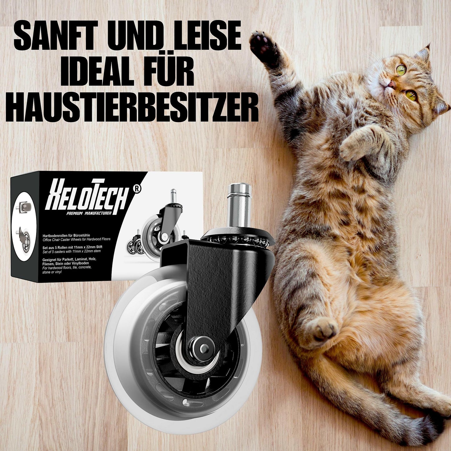 XeloTech Hard Floor Casters for Office Chair, 5 Pack, 11mm x 22mm, Extremely Quiet Replacement Wheels - No More Chair Mat - No Scratches on Floor with These Premium Casters