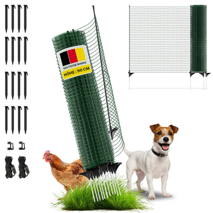 Fixed horizon boundary fence, mobile 15m long & 90cm high fence, close-knit, 9 poles, protection for garden beds, garden net, perfect for camping, dog fence, barrier fence, stake fence.