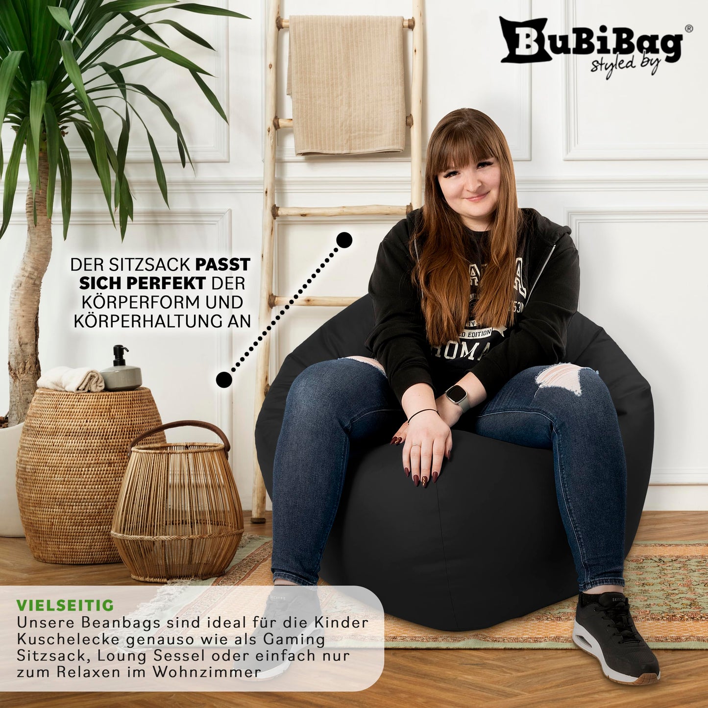 BuBiBag Premium 2-in-1 bean bag with filling for kids & adults | for outdoor & indoor use | seat cushion floor pillow | play & relax | water and dirt repellent (Black, 100 cm)