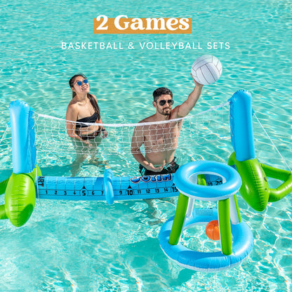 JOYIN Inflatable Pool Volleyball Set, Volleyball Basketball Hoops Pool Float Set, Floating Summer Floaties, Volleyball Pool Party Lounge Raft, Inflatable Party Swimming Game Toy.