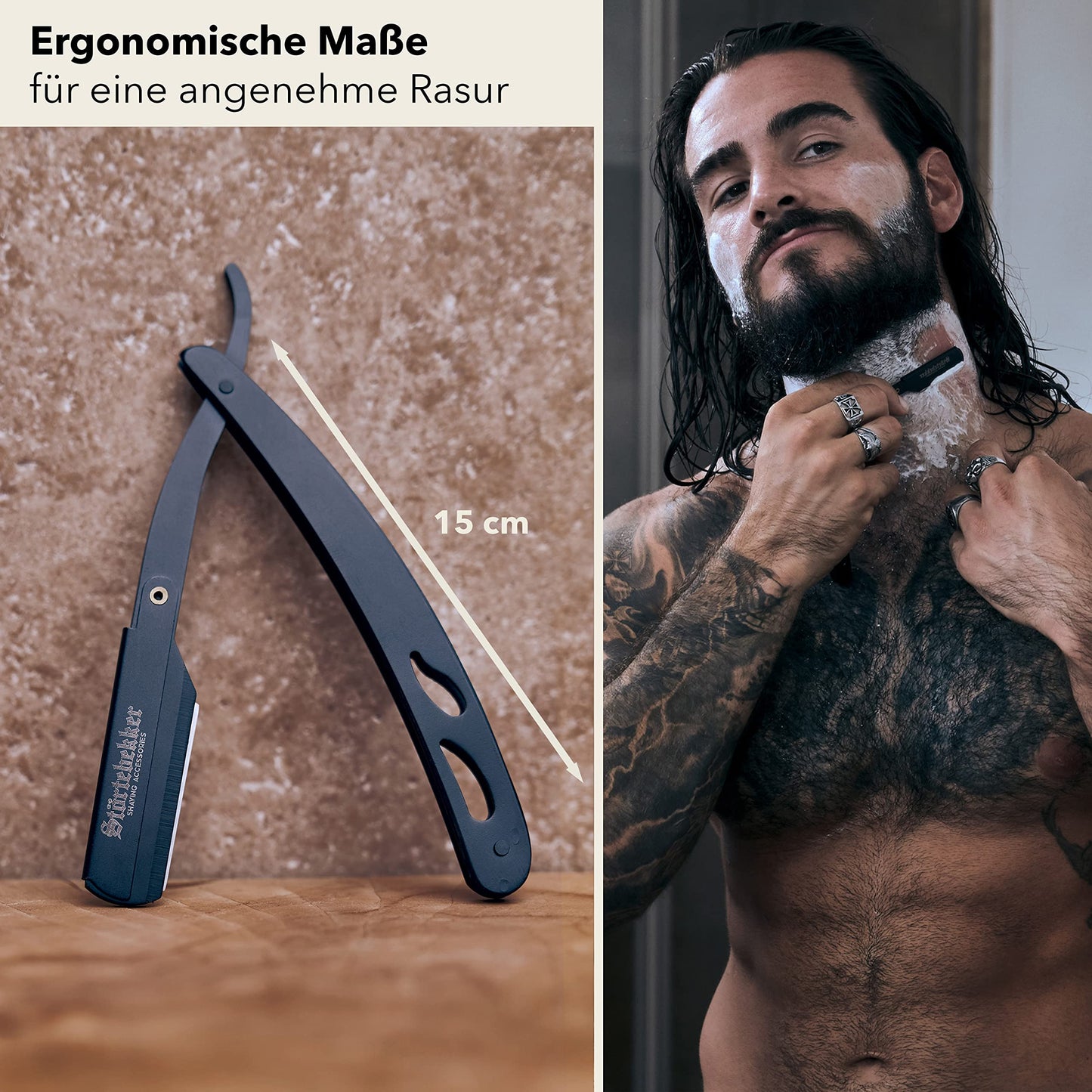 Störtebekker® Premium Straight Razor in handmade leather case + Alum stick - Straight Razor with shaving guide [10 Störtebekker blades] - Gift idea - Razor set - High-quality wet razor