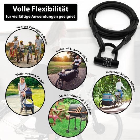 KOHLBURG Cable Lock 5 meters long with number combination - 500cm combination lock - Steel cable lock 5m coated - Steel cable 500 cm with code for bike garden furniture & bike lock.