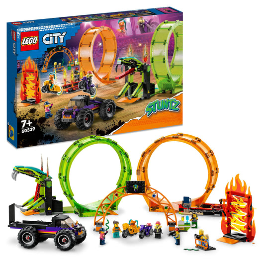 LEGO 60339 City Stuntz Stunt Show Double Loop Set, includes ramp, monster truck, 2 motorcycles, and 7 minifigures. Toy for kids ages 7 and up.