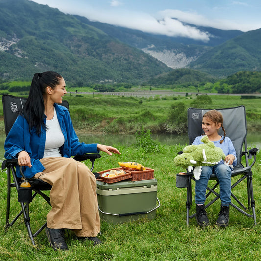 TIMBER RIDGE folding camping chair with high backrest, 150kg capacity, portable with drink holder, sturdy armrest. Perfect for picnics, garden, balcony, and sports events.