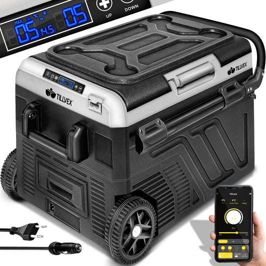 tillvex® Compressor Cooler Box electric 40-60 liters | Electric Freezer Box WIFI-APP control 12/24 V 230V | Refrigerator up to -20 °C for car, truck, camping (Black, 60 liters)