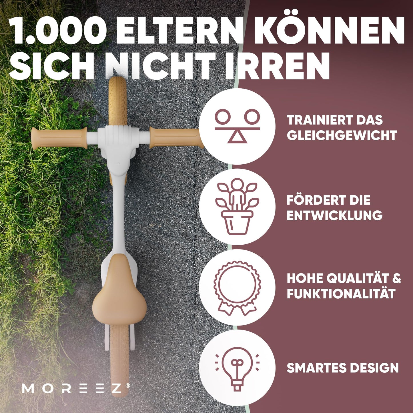 MOREEZ® balance bike from 2 years [2-5 years] Ultra-light children's balance bike with fall protection, ergonomic seat, 50kg puncture-proof 12-inch wheels, footrest, height-adjustable for girls and boys in white